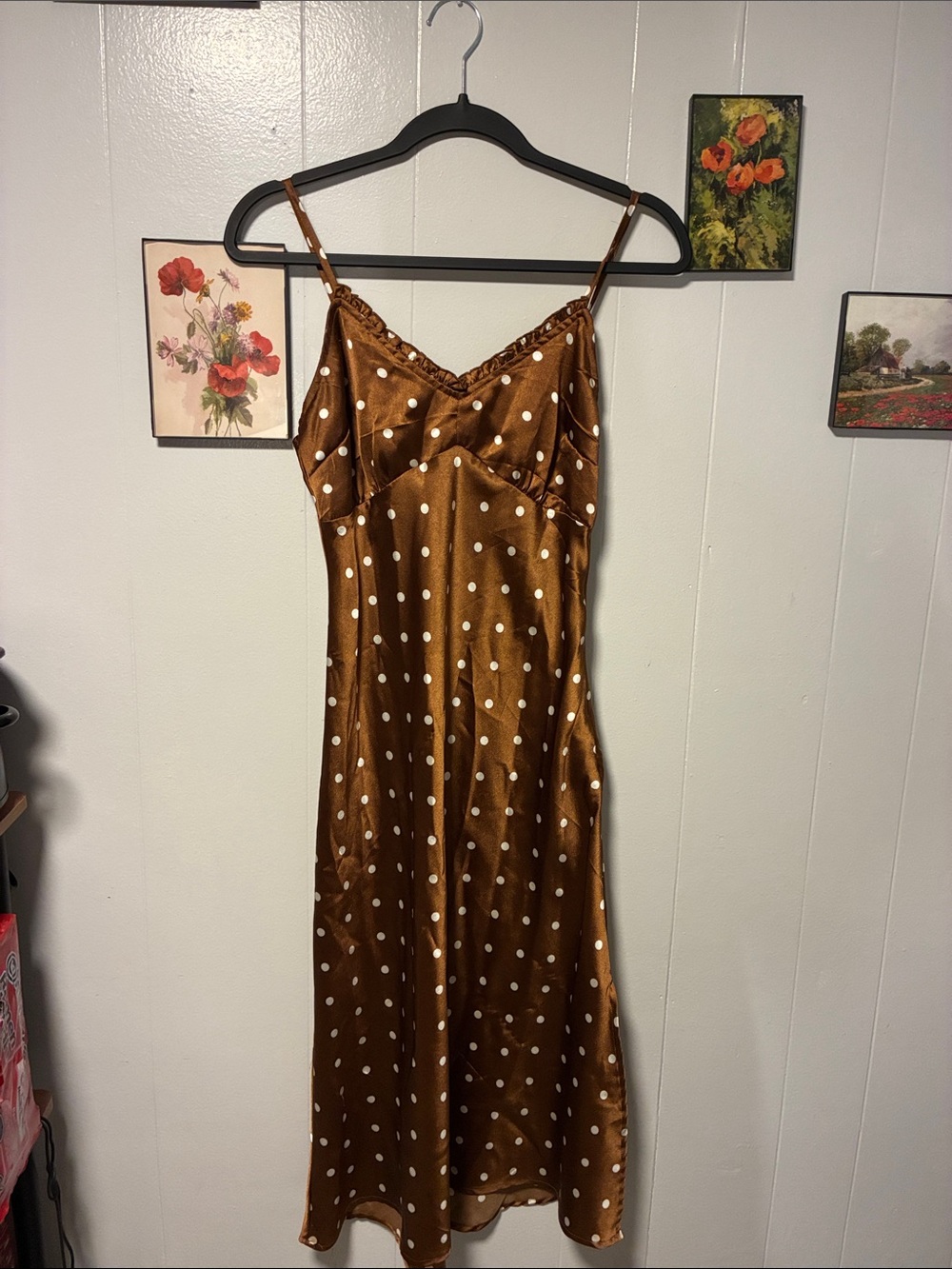 Satin Brown Polka Dot Midi Slip Dress